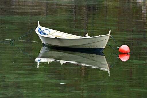 A small white rowing boat in the middle of a green lake with its reflection in the water