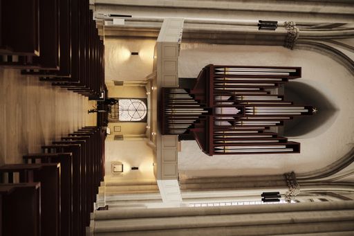 A vertical shot of the interior of a Christian cathedral