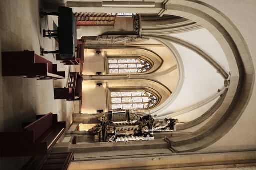 A vertical shot of the interior of a Christian cathedral