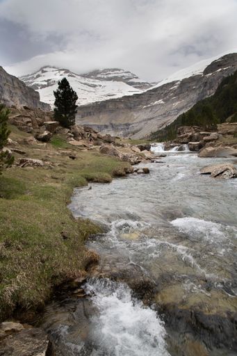 Scenic view of a mountain stream with snow-capped peaks and lush greenery in Ordesa Valley, Spain.