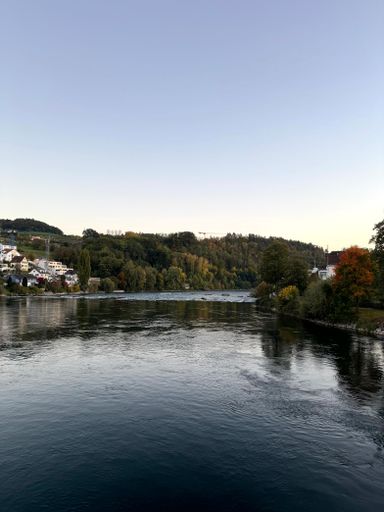 Serene river landscape with autumn trees and houses under a clear evening sky, capturing the peaceful atmosphere of a riverside town.