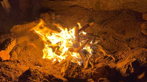 A closeup a burning sticks on dirt - camping concept