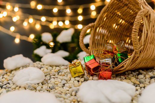 The beautiful winter Christmas decorations and ornaments against a bokeh background