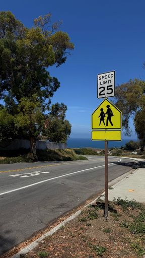 A road with a speed limit sign and pedestrian crossing sign, surrounded by trees, leading to a view of the ocean under a clear blue sky.