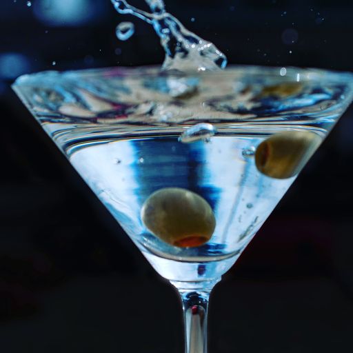A closeup shot of some olives falling into a glass of martini