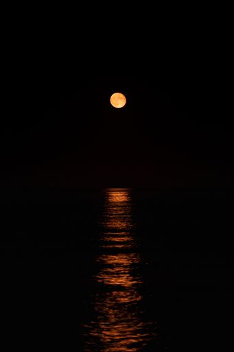 The beautiful full moon over the lake water with moonlight reflection at night