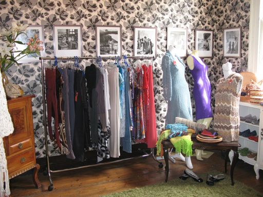 Vintage clothing store interior in Valdivia, Chile, with handmade dresses, retro decor, and nostalgic style.