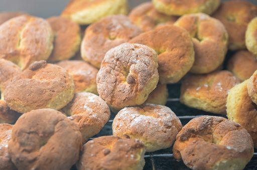 Closeup of some homemade pastry made with flour, sugar and lemon, freshly baked. Ideal for a coffe break.