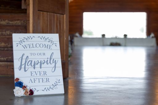 A wedding sign reading 'Welcome to our Happily Ever After' with floral decoration in a rustic venue.