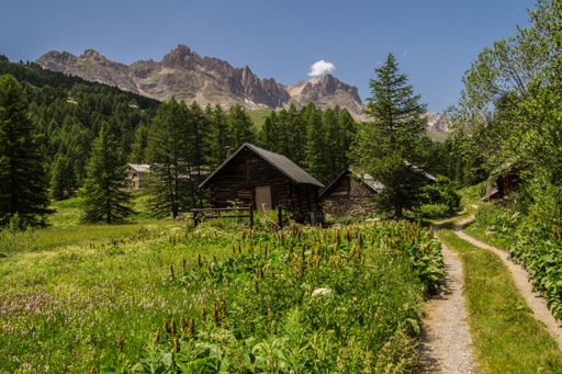 Scenic alpine village with rustic cabins, lush greenery, and towering mountains under a clear blue sky.