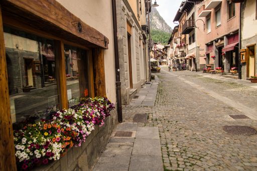 Charming European cobblestone street with colorful flowers and rustic buildings under a clear sky.