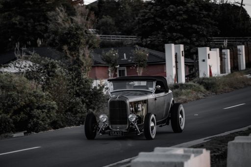 A beautiful shot of a vintage 1932 Ford gray car in the street, Auckland, New Zealand