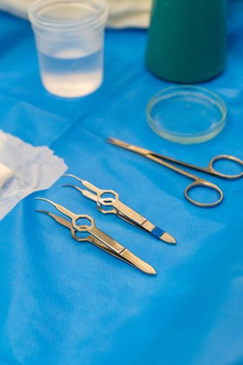 Sterile surgical instruments on a medical table. Precision tools for clinical and operating room procedures. Micro Dressing Forceps, Scissors, etc.