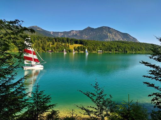 Scenic view of a serene lake with sailboats and lush green mountains under a clear blue sky.