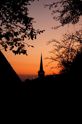 A vertical shot of the silhouette of an old church and the trees captured at sunset