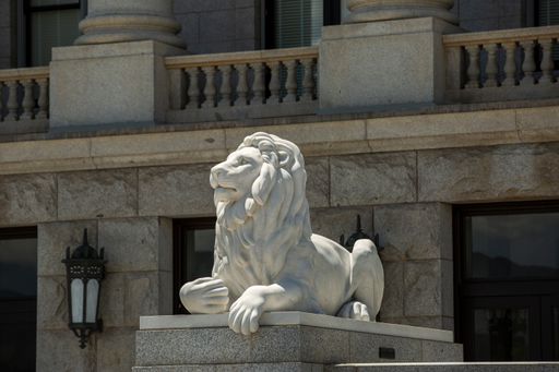 The Lion Statue from white stone at Utah State Capitol Building