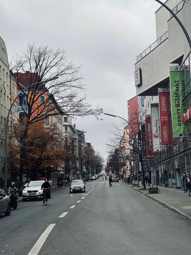 A vertical shot of a cold winter street in Berlin, Germany with cars driving on the road
