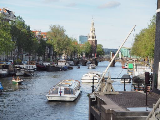 The view of the Clock Tower in Amsterdam, Netherlands