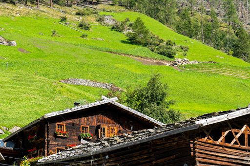 A low angle shot of the slope of a grassy mountain with the roof of wood cabins, South Tyrol, Italy