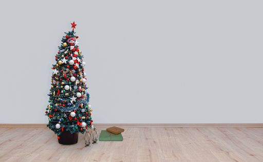 A decorated christmas tree on hardwood floor in a empty room