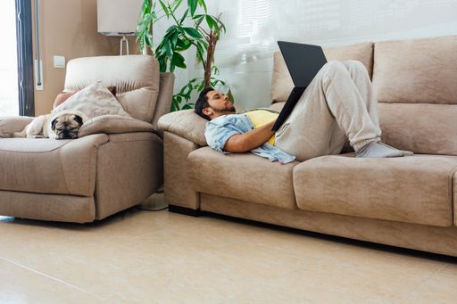 A young man resting on a sofa at home and using a laptop with his dog beside him