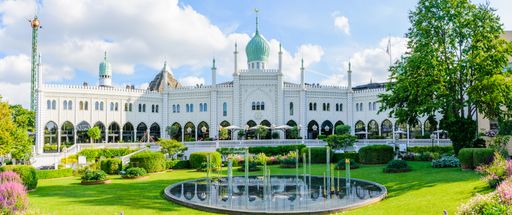 A beautiful panoramic shot of amusement park called Tivoli Gardens, Copenhagen, Denmark