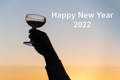 A closeup shot of a female hand raised for making a toast for New Year 2022 at sunset