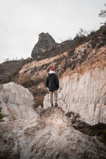A hiker on top of rocky mountains