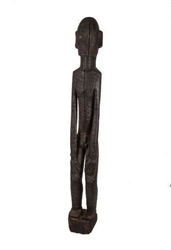 A closeup shot of a wooden statue of a man isolated on a white 
background