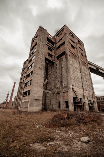 A vertical shot of the building from the abandoned coal mine in Petrila, Romania