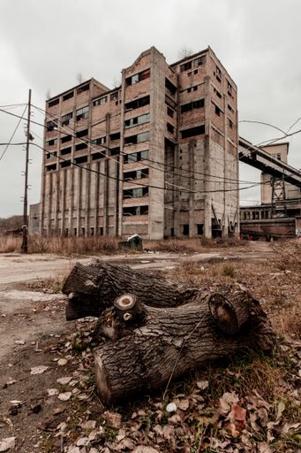 A vertical shot of the building from the abandoned coal mine in Petrila, Romania
