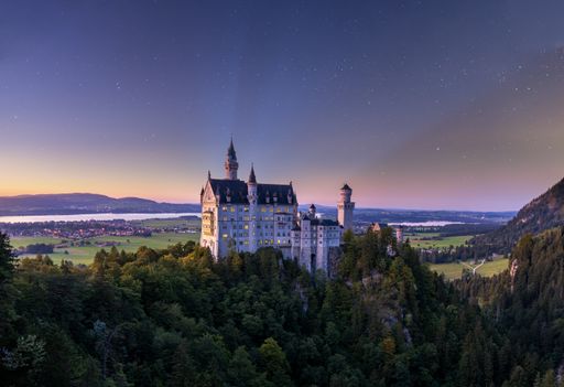 The Neuschwanstein Castle in the middle of trees and lakes under the starry sky in Bavaria, Germany