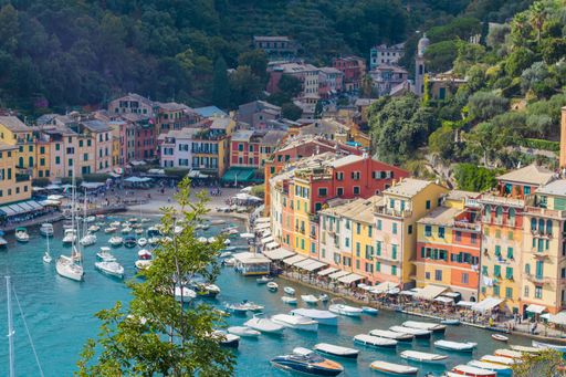 View over the beautiful and colourful harbour of Portofino, Italy during summer of 2019