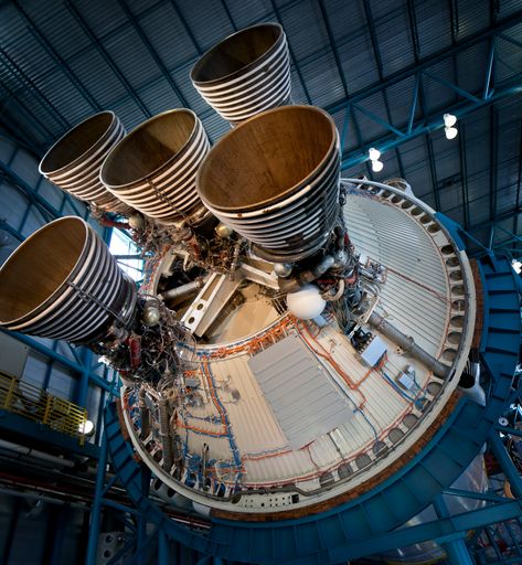 A closeup of gigantic Saturn V rocket at Kennedy Space Center, Florida, USA