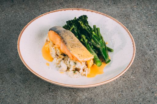 A closeup shot of a gourmet meal with broccoli, cooked salmon, and rice