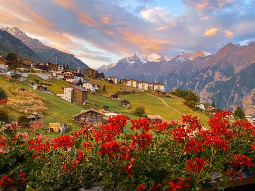 A beautiful view of a small houses on a green land mountains view in the back of red flowers in balcony