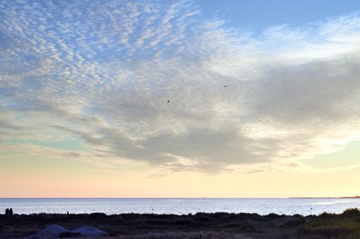 A beautiful shot of the horizon with sea and cloudy sky captured in the sunset