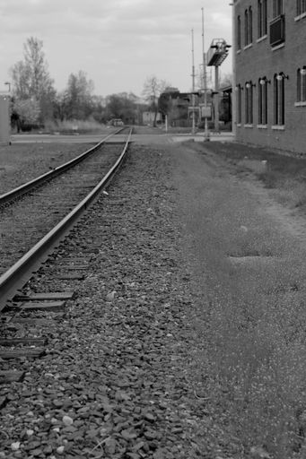 A vertical grayscale shot of a railroad surrounded by buildings