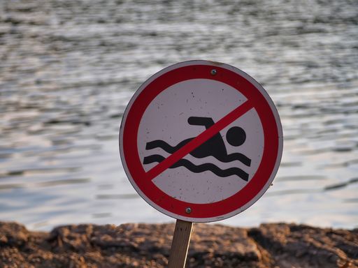 A round no swimming sign with a background of a beach