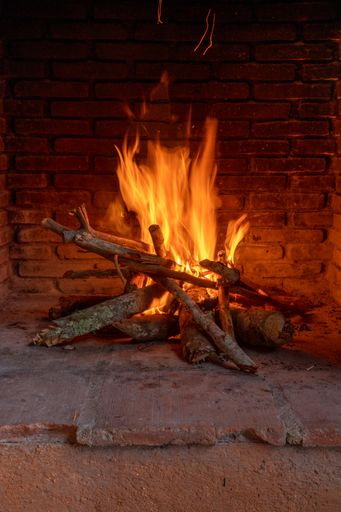 A vertical shot of burning wood in the fireplace