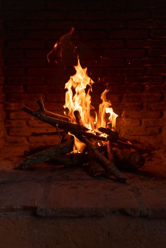 A vertical shot of burning wood in the fireplace