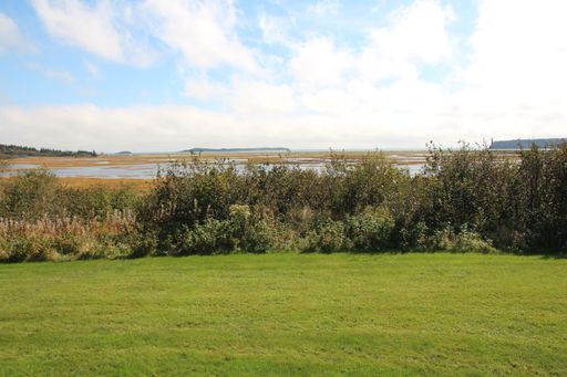 A beautiful view of a green field near a lake under the partly cloudy sky