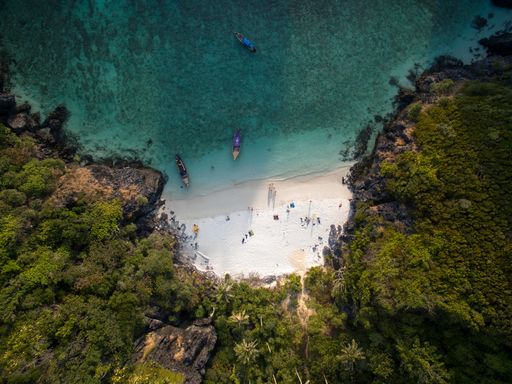 The aerial view of the tropical beach in Ko Phi Phi Don, Thailand.
