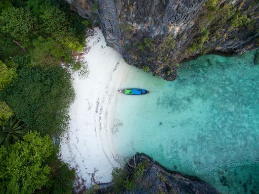 The aerial view of the tropical beach in Ko Phi Phi Don, Thailand.