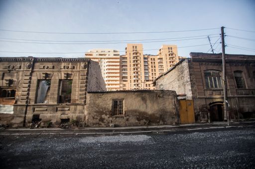 The ancient streets and buildings against the cloudy sky in Yerevan, Armenia