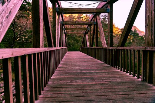 An empty wooden bridge over the river surrounded by trees