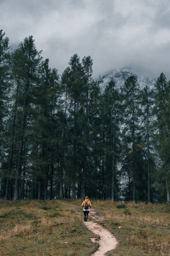 A vertical shot of a female hiker on the path leading to woods under misty mountains in Croatia