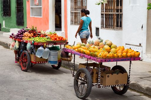 A local vendor selling tropical fruit in the Getsemani neighborhood of Cartagena, Colombia