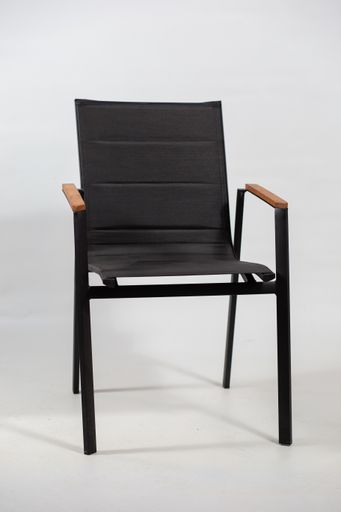A black chair with arm resting spots on a white surface