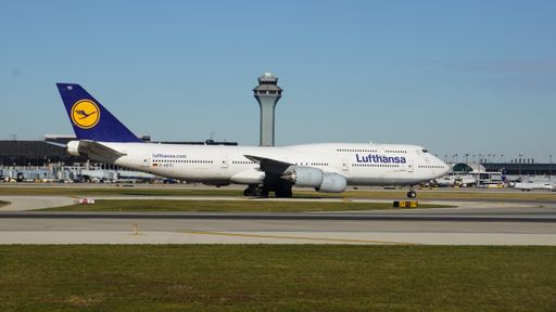 The Lufthansa Boeing 747 airplane on the runway after landing at Chicago O'Hare airport